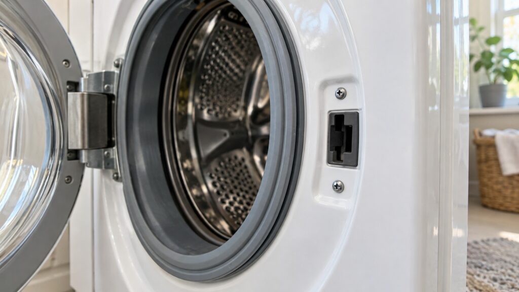 A close view of the door strike and lock slot on the frame of a front load washing machine