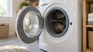 A front load washing machine with its door open showing the rubber boot seal around the opening