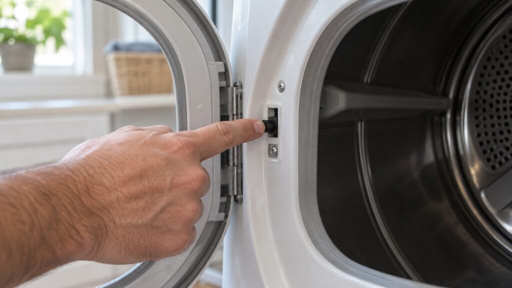 A finger pressing the small door switch plunger in the frame of a clothes dryer