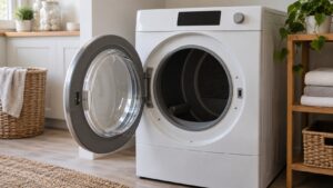 A clothes dryer in a laundry room with its door open and the control panel unlit