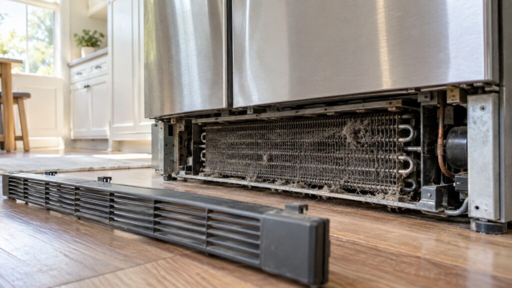 The lower grille of a refrigerator removed showing dusty condenser coils underneath