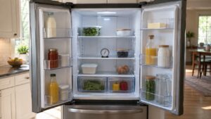 A refrigerator with both doors open and a small thermometer standing on the middle shelf