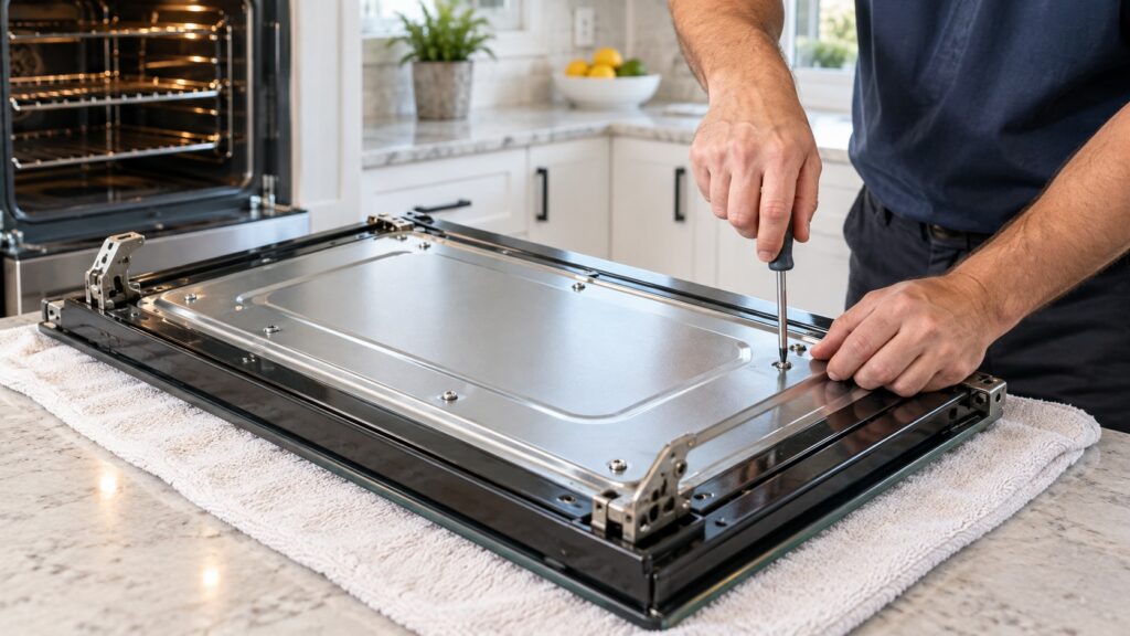 An oven door laid face down on a towel with the inner panel screws being removed