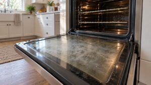 An oven door standing open in a kitchen with a hazy film visible across the inner glass