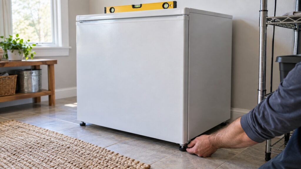 A spirit level resting on top of a freezer cabinet while a hand adjusts a front leveling foot