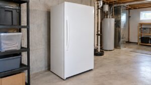 An upright freezer standing in a basement utility area with clear space around it