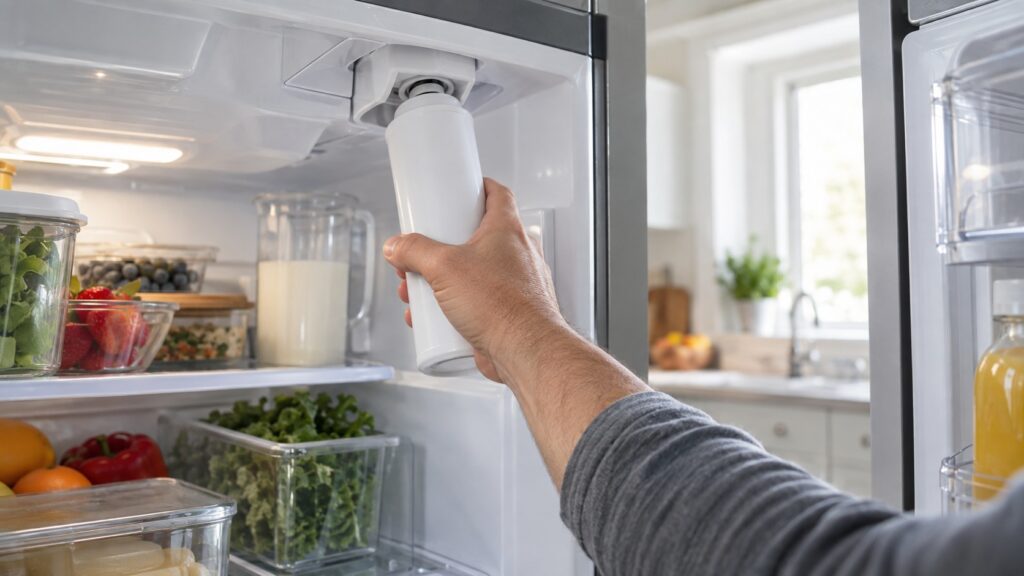 A hand twisting a cylindrical water filter cartridge into its housing inside a refrigerator