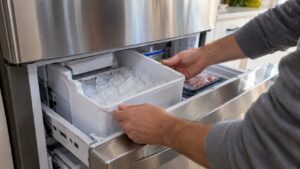 An ice maker bin pulled out of a freezer drawer with cubes visible inside