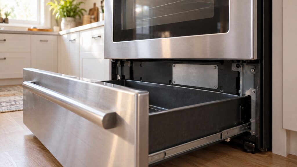 A rating plate with model and serial numbers visible behind the open storage drawer of a range