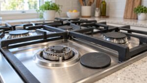 A gas cooktop with one burner cap lifted off showing the burner head and spark electrode beneath