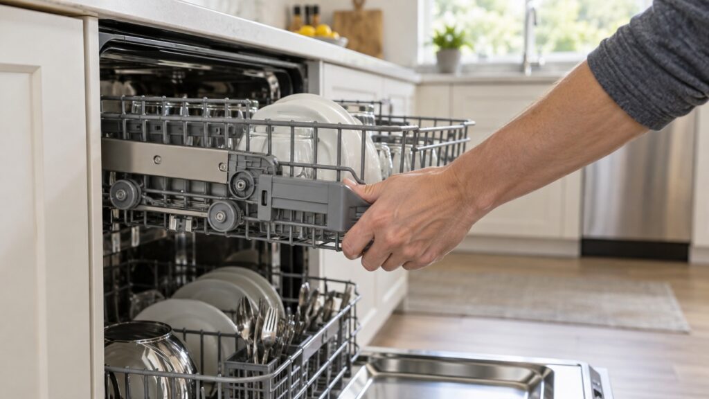 A hand raising the adjustable upper rack of a dishwasher to a higher position