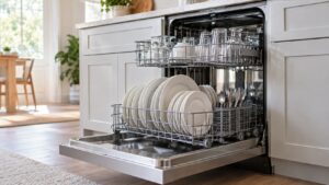 An open dishwasher with both racks pulled out showing glasses and plates loaded